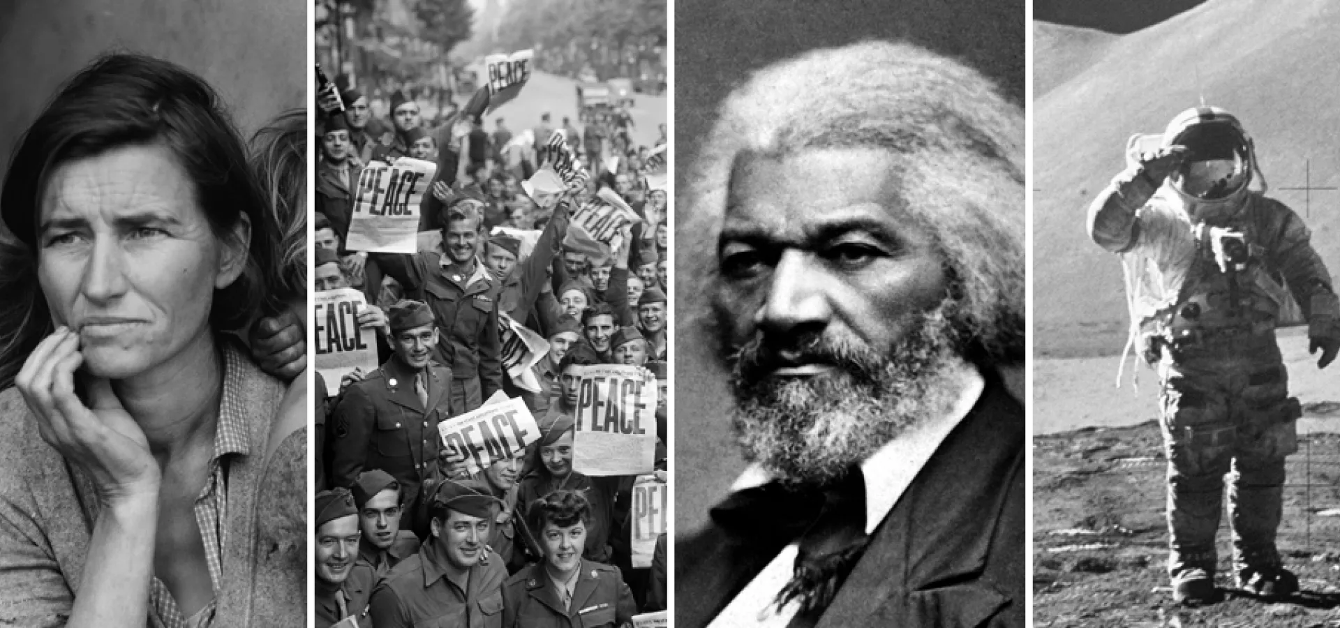 Collage of images: The Great Depression, WWII, Frederick Douglass, the moon landing
