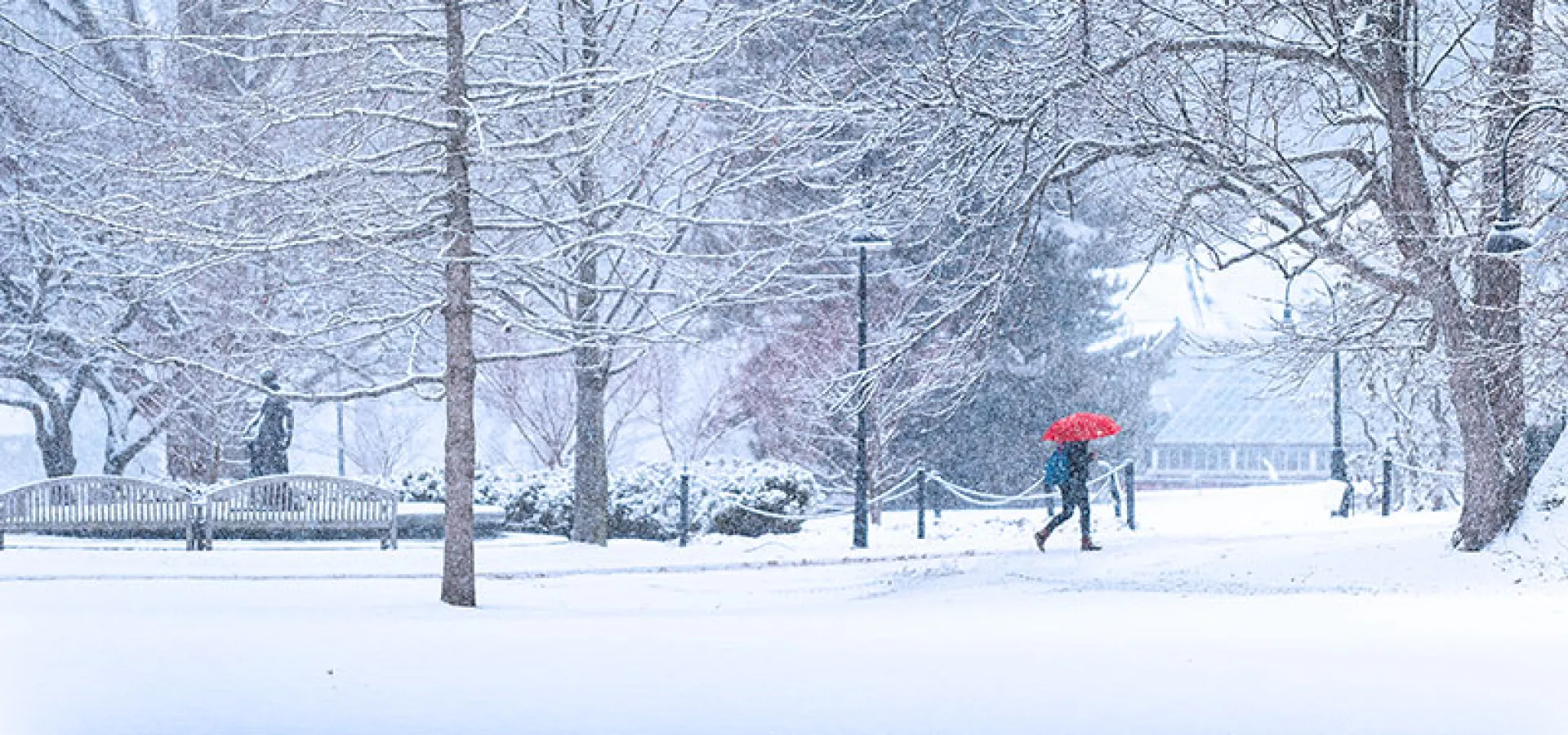 A single student with a red umbrella walking in a snowstorm