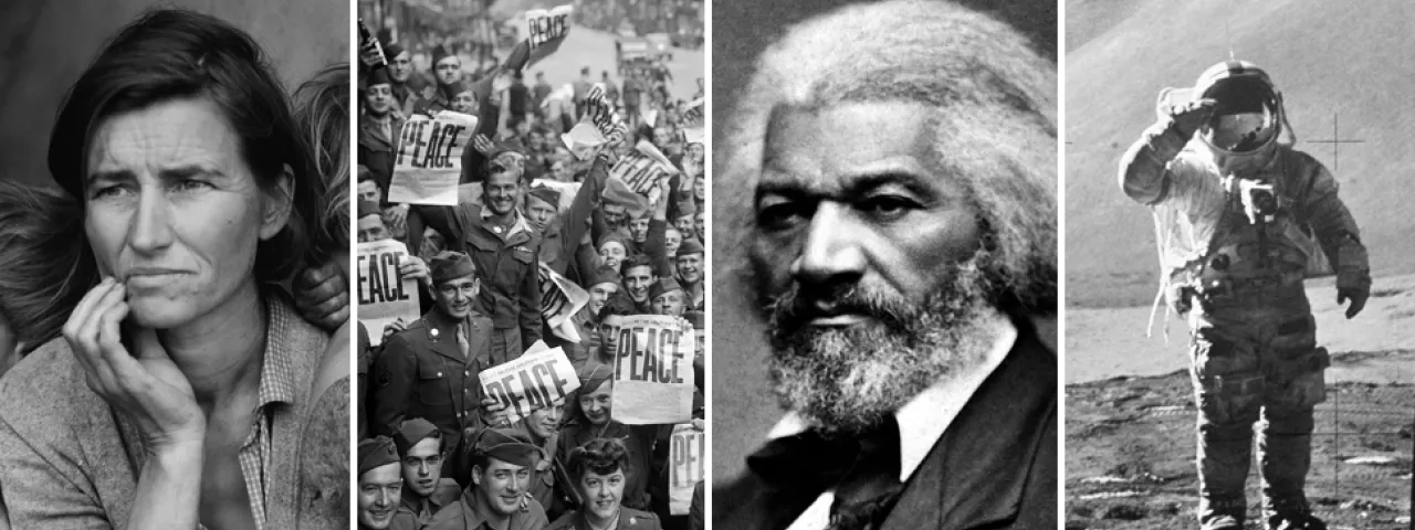 Collage of images: The Great Depression, WWII, Frederick Douglass, the moon landing