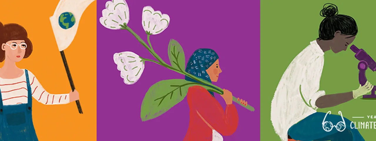 Illustration showing three students engaged in different sustainable activities