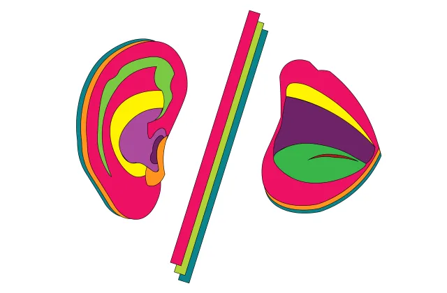 Vibrant line art of an ear and an open mouth, separated by a forward slash