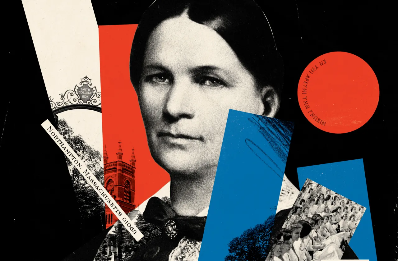 An artist's rendition of Sophia Smith, with her in black and white and blocks of red and blue around her.