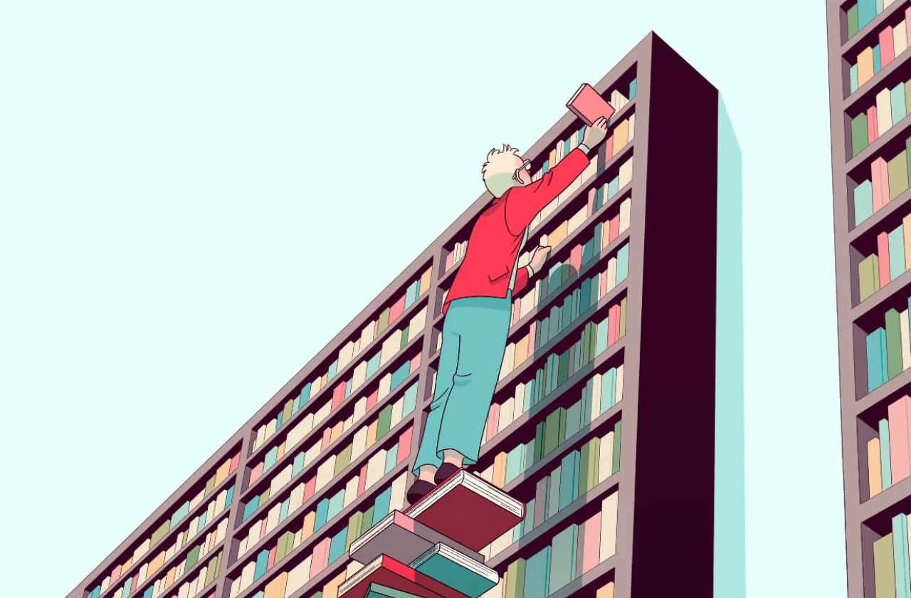 An illustration of a person standing on a pile of books, reaching up to a bookshelf.