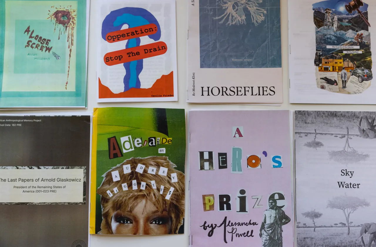 Several of the zines created during Allegra Hyde's Writing Climate Fiction class