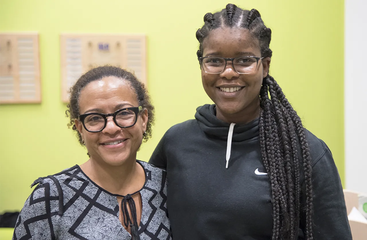Monica Dean (left), director of the Jill Ker Conway Innovation & Entrepreneurship Center, and Zoleka Mosiah, who won the top prize at this year's Elevator Pitch Contest.