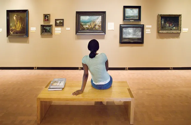 Student sitting on a bench looking at paintings on the wall of the museum