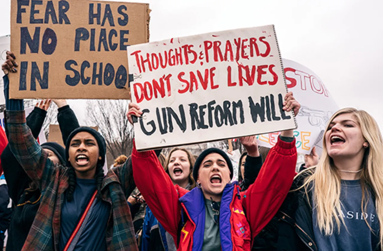 A demonstration organized by Teens For Gun Reform, a group created in response to the shooting at Marjory Stoneman Douglas High School. Lorie Shaull, CC BY-SA 2.0, via Wikimedia Commons.