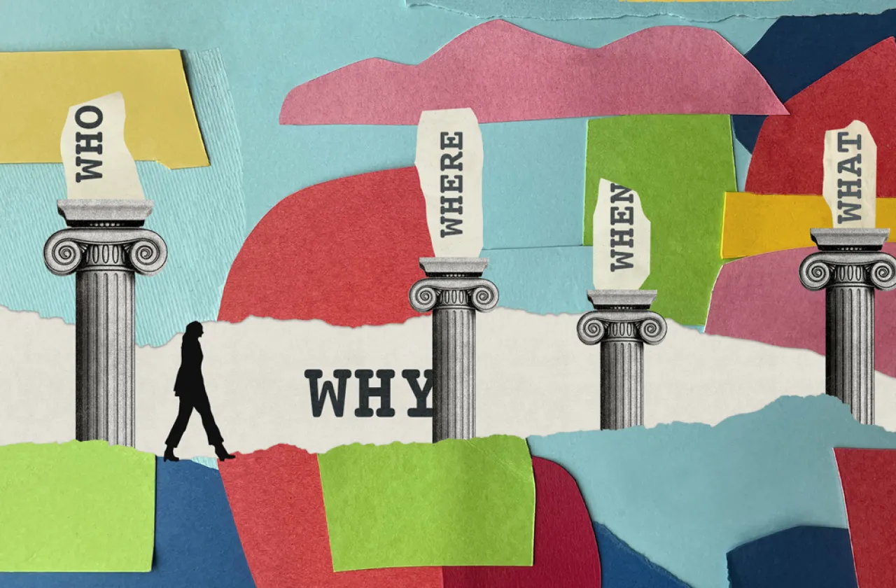 Collage of torn paper, including Who, Where, When, What and Why along with a female silhouette