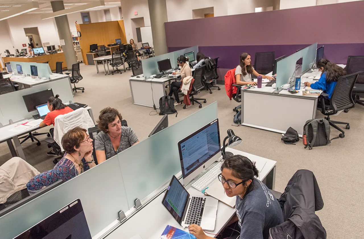 Students working in new carrells in Young Library