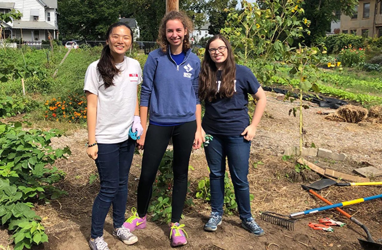 Three students in the field for Jandon Community Service Office