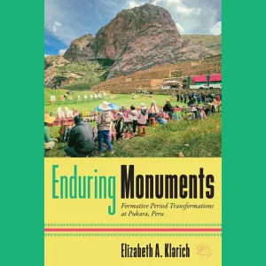 A book cover where a crowd gathers outdoors in Pukara, Peru, seated on colorful chairs, with display boards in front and a steep mountain in the background.