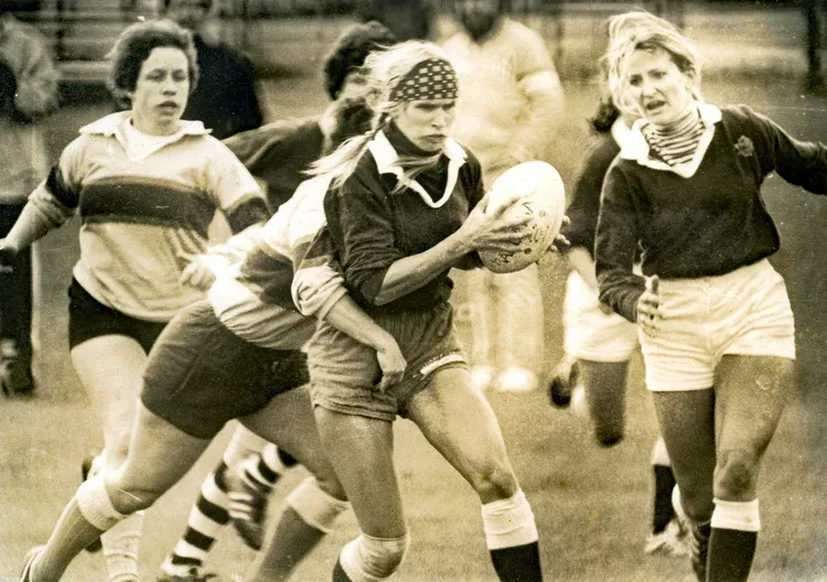 Karen Kukil playing rugby, 1976