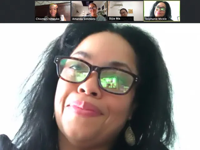 Stephanie Mickle, Chioma Chinwuko, Amanda Simmons, and Sijia Ma in a zoom meeting
