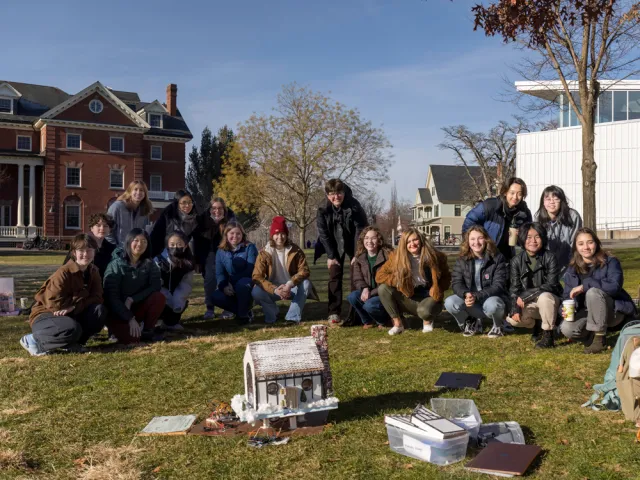 Group of students on Chapin Lawn with their tiny town models