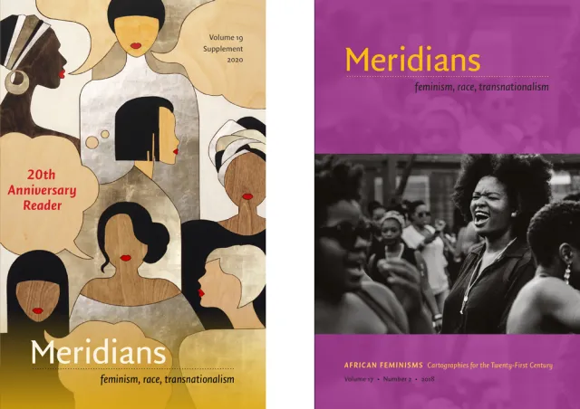 Meridians covers for the 20th Anniversary reader and "African Feminisms: Cartographies for the Twenty-First Century"