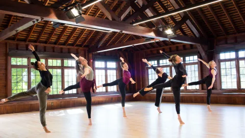 Dance class in the dance studio at Smith College.