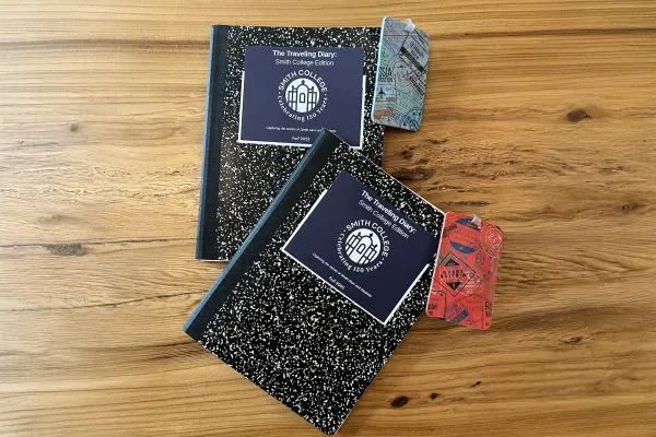 Two journals with "passports" on a wooden tabletop