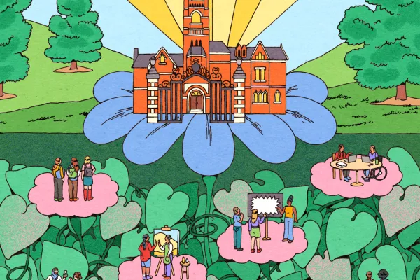 A colorful illustration of College Hall, with groups of students floating nearby on pink clouds.