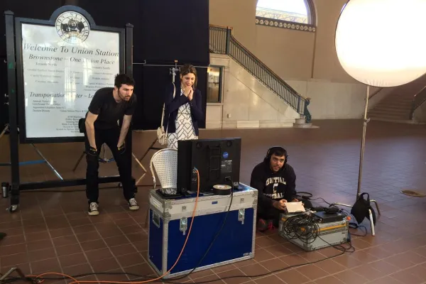 Three students filming at Union State in Hartford, Conn.