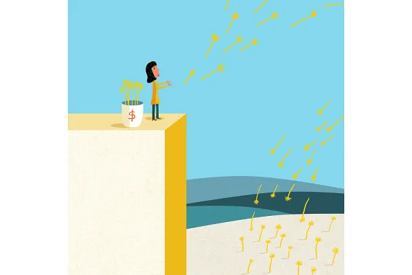 Illustration of a person throwing seeds off a cliff and then fall to the earth, root themselves and grow