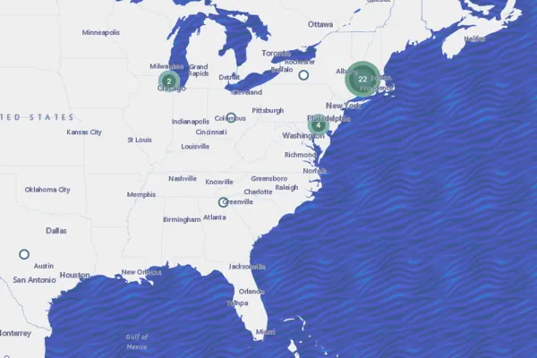 Map of eastern US with dots marking travel locations