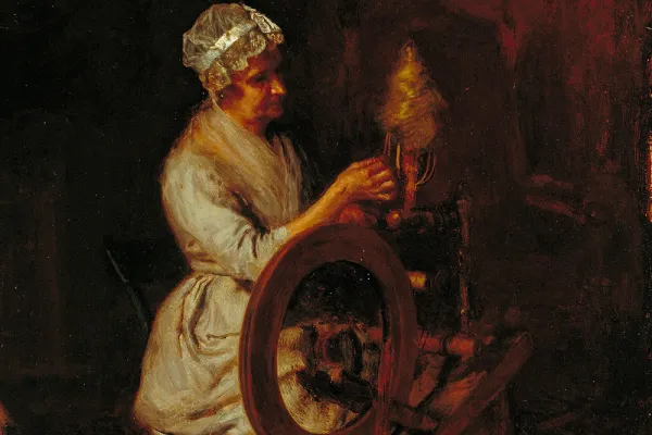 Detail of Thomas Eakins’painting In Grandmother’s Time showing a woman at a spinning wheel