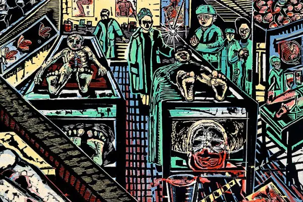 Eric Avery, American, born 1948. As It Is, from Damn It Suite, 1987 Woodcut printed in color on handmade Mulberry paper. Purchased. Permanent collection SCMA.