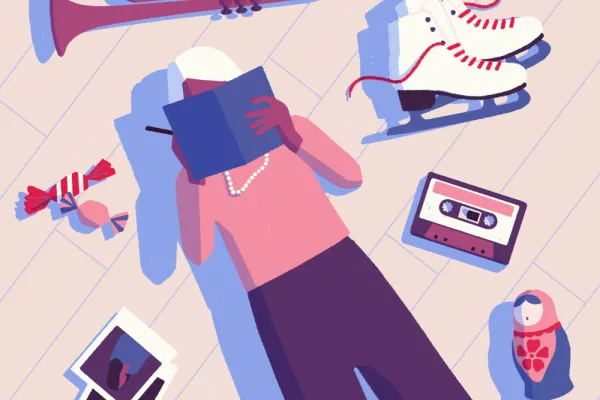 Illustration of a person with white hair lying on the floor, surrounded by objects, writing in a book