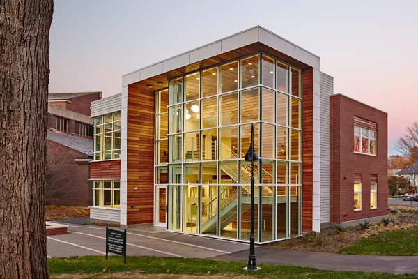exterior of the Schacht Center showing the interior staircase
