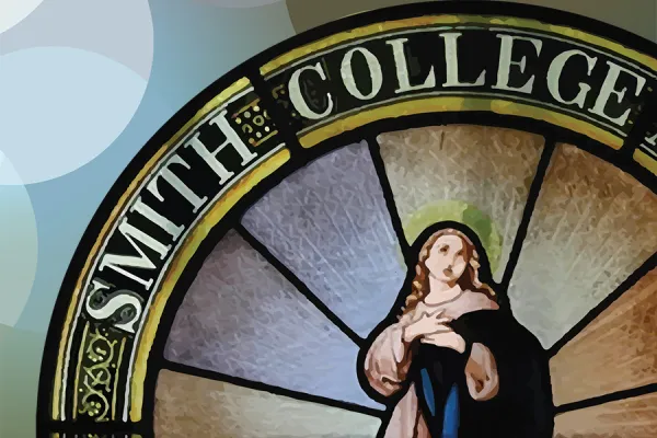Closeup of the college seal in stained glass