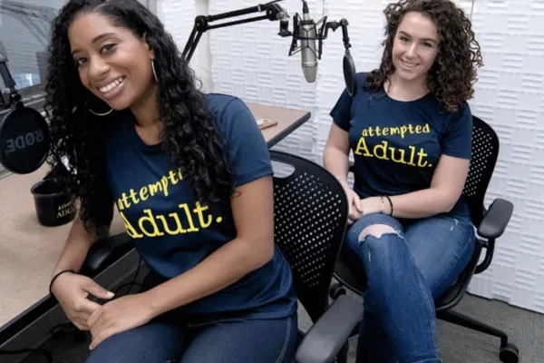 Kristina Mereigh, left, and Ana Devlin Gauthier record an episode of their podcast, Attempted Adults.