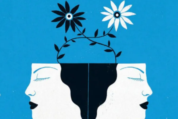 Illustration of two flowers growing out of skulls & intertwining