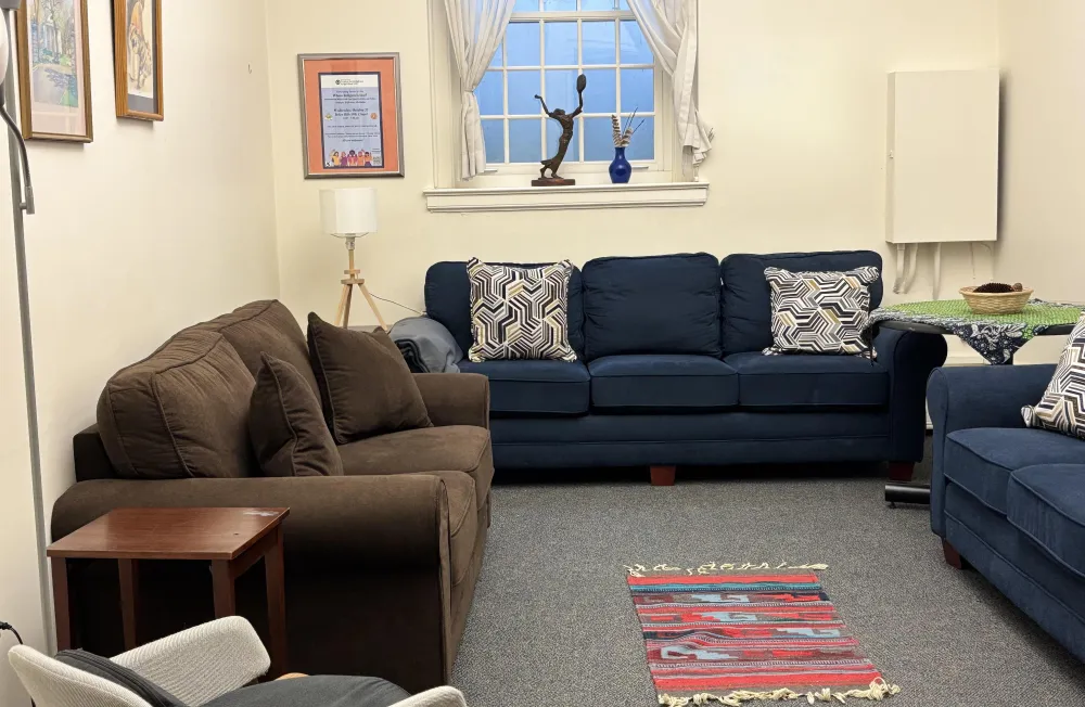 Cozy room with a brown sofa, two blue couches, patterned pillows, and a colorful rug. A window with curtains and framed art adds warmth.