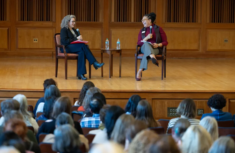 President Sarah Willie-LeBreton talks onstage with Amanda Lopez during the 2025 Come Home to Smith program.