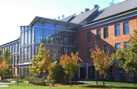 Exterior shot of Ford Hall in the fall