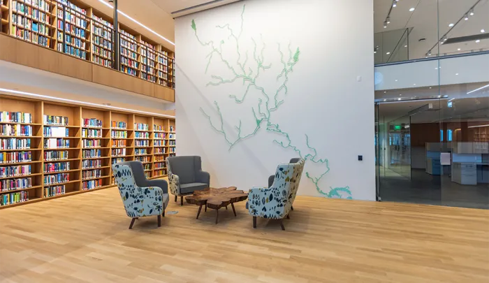 View of Maya Lin's original river-inspired artwork, created for Neilson library