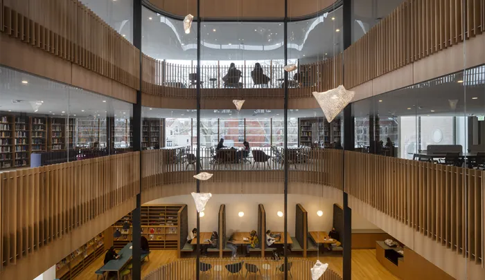 Wide interior shot of multiple levels of the library
