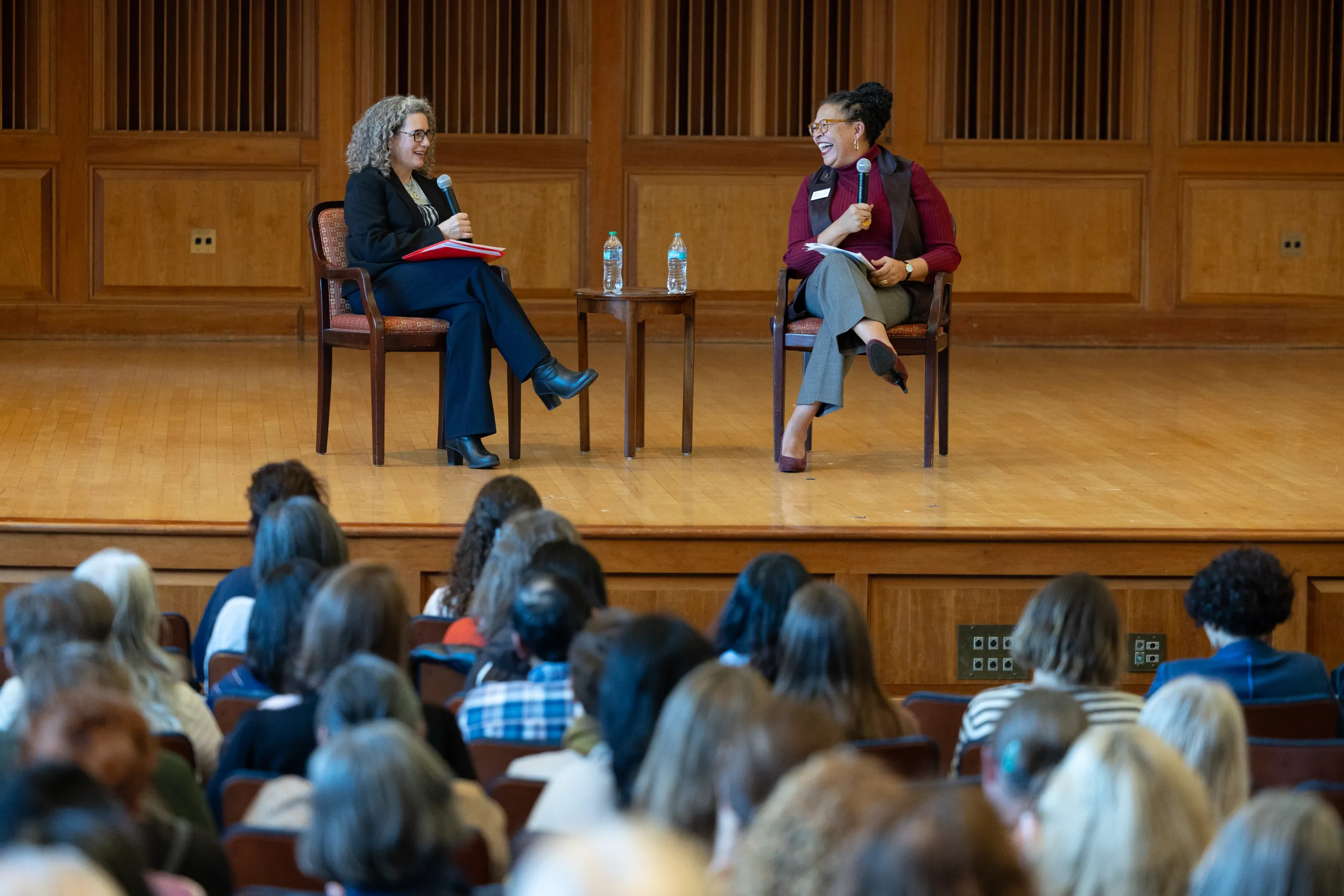 President Sarah Willie-LeBreton talks onstage with Amanda Lopez during the 2025 Come Home to Smith program.
