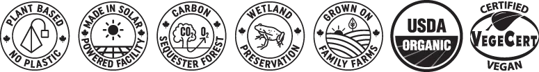 Logos that say: Plant based, no plastic; Made in solar-powered facility; Carbon sequester forest; Wetland preservation; Grown on family farms; USDA organic; VegeCert certified vegan