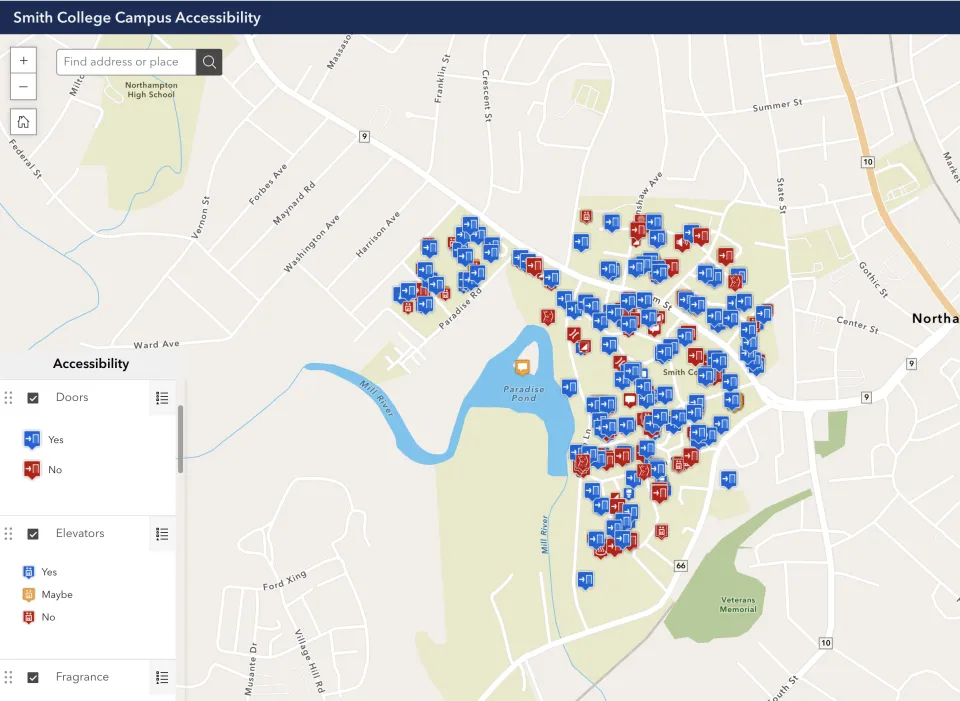 Smith College Campus Accessibility map screenshot showing blue and red points on campus