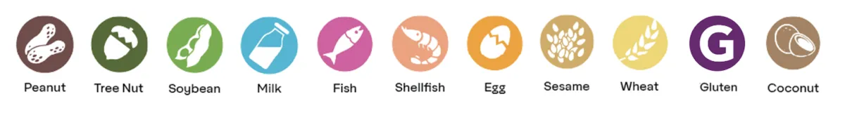 Allergen icons, left to right: peanut (peanut on a brown background); tree nut (acorn on a dark green background); soybean (beanpod on a light green background); milk (milk bottle on bright blue background); fish (fish on pink background); shellfish (shrimp on a peach colored background); egg (cracked egg on orange background); sesame (seeds on tan background); wheat (wheat sheaf on yellow background); gluten (capital G on plum background); coconut (coconut on light brown background)