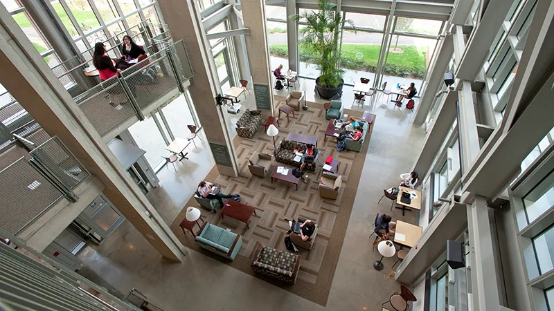 Students studying in the Ford Hall atrium