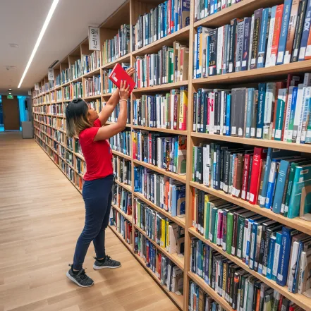 A student grabbing a book off a shelf in the library.