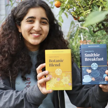 A student holds the yellow Smith Botanic Blend and blue Smithie Breakfast tea boxes