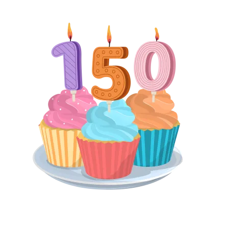 Three cupcakes with candles that spell out 150.