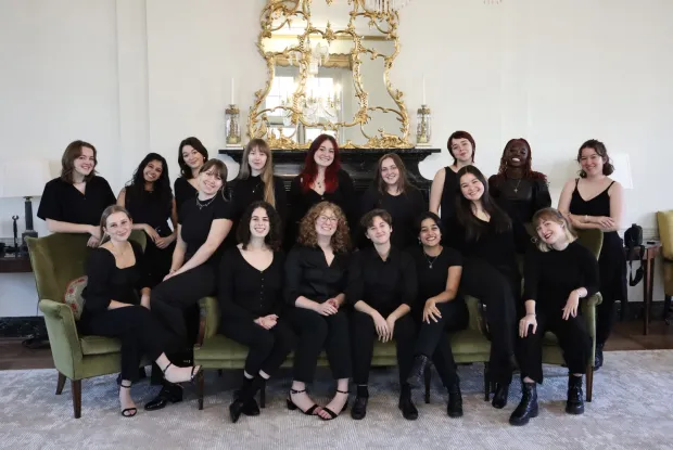 Members of the Smiffenpoofs, the oldest traditionally female collegiate a cappella group in the country, pose together.